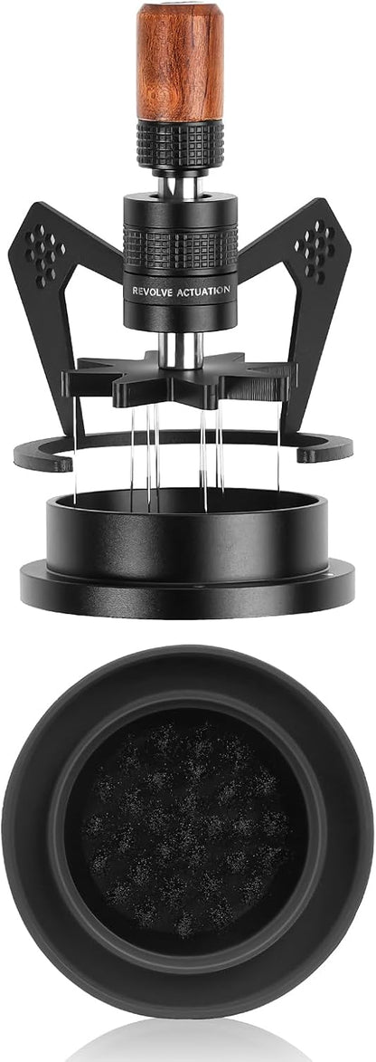 IKAPE Mantis WDT Distribution Tool with Clean Brush, V3-54mm Espresso Stirrer for Barista - 8 Needle Espresso Stirrer with Dosing Funnel & Stand, Adjustable Needle Height, Walnut Handle