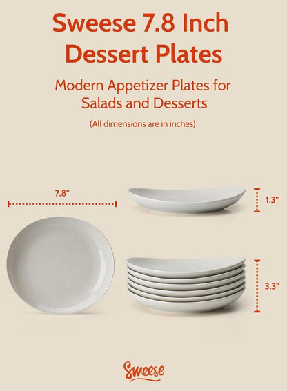Sweese 7.8" Porcelain Dessert Plates Set, Grey, Set of 6 - Scratch Resistant, Dishwasher Microwave Safe