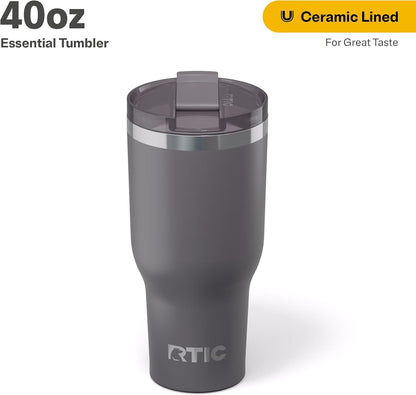 RTIC 40oz Essential Tumbler with Lid, Insulated, Stainless Steel, Metal, Double Wall Vacuum-Insulation, Ceramic Lined, Travel Cup for Iced Coffee, Tea, Hot and Cold Drink, Graphite