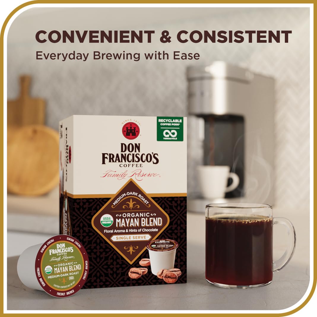 Don Francisco's Organic Mayan Blend Coffee - 100 K-Cup Compatible Single-Serve Pods - 100% Arabica - Bold Flavor with Floral Aroma and Chocolate Hints - Compatible with Keurig Brewers