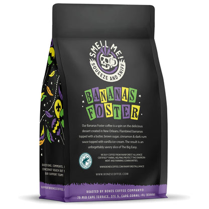 Bones Coffee Company Bananas Foster, Banana, Rum and Vanilla Flavored Coffee, Medium Roast Low Acid Arabica Beans Compatible with Auto drip and French Press Coffee Maker, 12 Oz Whole Bean