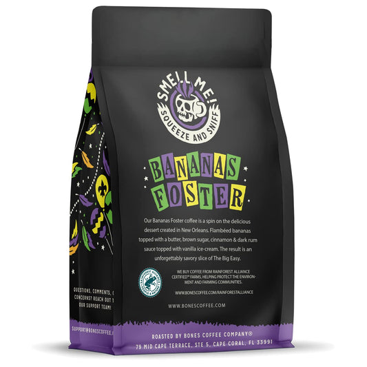 Bones Coffee Company Bananas Foster, Banana, Rum and Vanilla Flavored Coffee, Medium Roast Low Acid Arabica Beans Compatible with Auto drip and French Press Coffee Maker, 12 Oz Whole Bean