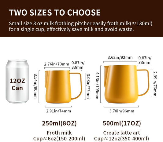 watchget Milk Frothing Pitcher 250ml/8oz Stainless Steel Espresso Steaming Jug with Matte Yellow Coating, Latte Art Coffee Frother Cup
