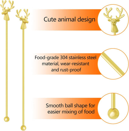 Swizzle Sticks,5 Pcs Stainless Steel Reusable Deer Head Shape Cocktail Stirrer Coffee Beverage Stir Sticks for Cocktail, Whiskey, Hot Cocoa, Creamer (Gold)