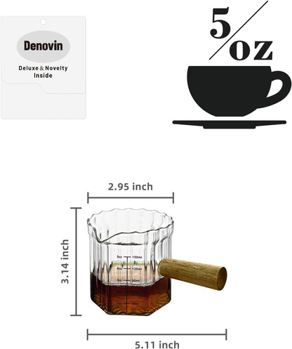 Glass Measuring Cup, 5oz Espresso Shot Glass with Wood Handle, Single Spout Measuring Triple Pitcher Milk Cup for Coffee Tea (Transparent Ribbed)