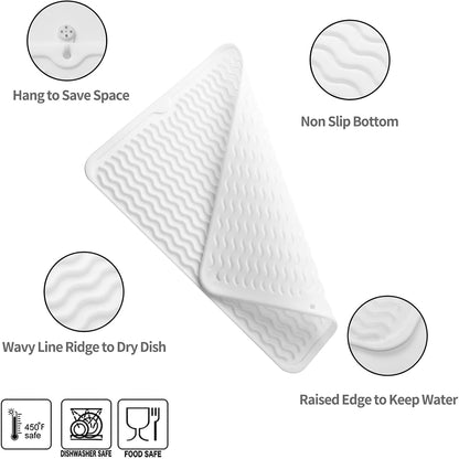 Silicone Dish Drying Mat for Multiple Usage,Easy clean,Eco-friendly,Heat-resistant Silicone Mat for Kitchen Counter or Sink,Refrigerator or drawer liner White L 16 inches x 12 inches