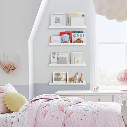 Forbena 24 Inch Floating Nursery Book Shelves for Wall, White Kids Wall Bookshelf for Bedroom, Picture Ledge Shelf with Lip for Baby Bathroom, Living Room Office Art Books (Solid Wood, Set of 4)