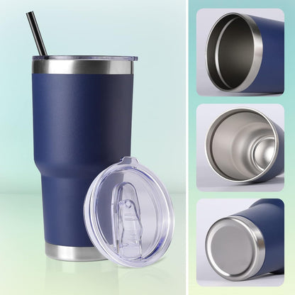DOMICARE 30 oz Tumbler with Lid and Straw, Stainless Steel Tumblers Bulk, Insulated Vacuum Double Wall Travel Coffee Mug, Durable Powder Coated Tumbler Cups (Navy, 12)