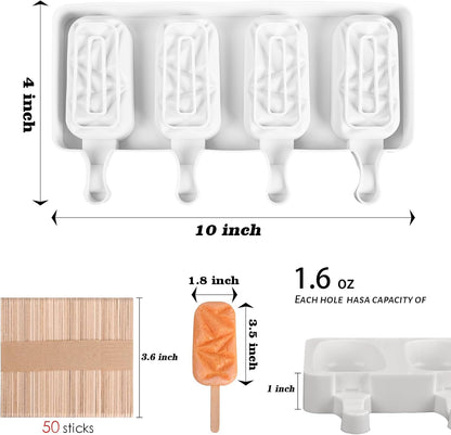Sakolla 2 Pack Silicone Popsicle Molds, 4 Cavities Diamond Ice Cream Molds with 50 Wooden Sticks for Ice pop, Cake Pop, Cakesicles (White)