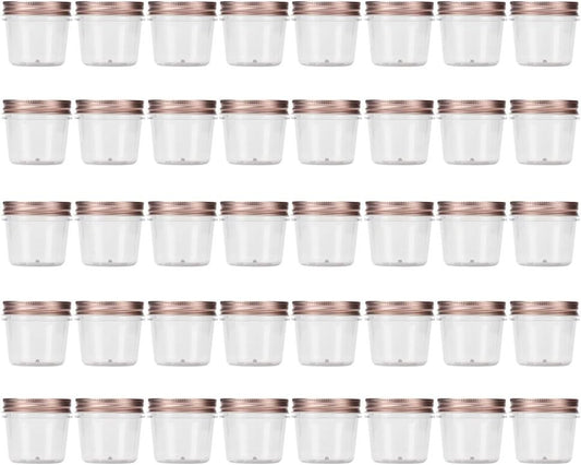 Novelinks 4 Ounce Clear Plastic Jars with Rose Gold Lids - Refillable Round Containers for Kitchen & Household Storage - BPA Free (40 Pack)
