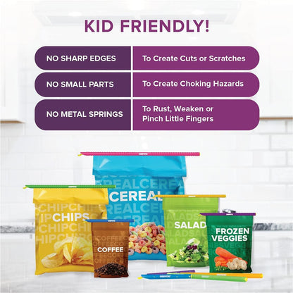 GripStic 12pc Assorted Bag Clips. Durable and reusable chip clips seal food bags air tight. Set includes: (2) 5" Blue, (3) 7.25" Purple, (3) 8.75" Orange, (3) 11.25" Green, (1) 13" Pink.