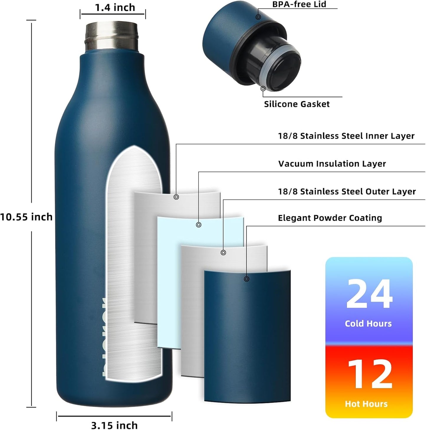 BJPKPK Insulated Water Bottles, 25 oz Stainless Steel Metal Water Bottle with Strap, BPA Free Leak Proof Thermos, Mugs, Flasks, Reusable Water Bottle for Sports & Travel, Navy Blue
