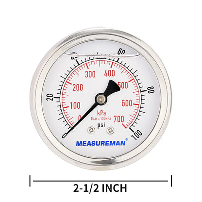 MEASUREMAN 2-1/2inch Dial Size, Glycerin Filled Pressure Gauge, 0-100psi/kpa, 304 Stainless Steel Case, 1/4 Inch NPT Center Back Mount