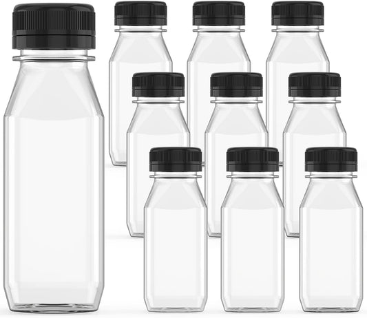 3 Pcs 8 oz Plastic Juice Bottle Reusable Transparent Bulk Beverage Containers with Black Lids for Juice, Drinking Milkshake Tea, Milk, Juicing Smoothie Water and Other Beverages, Fridge Storage