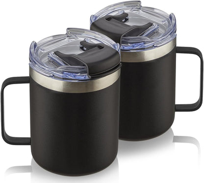 ALOUFEA 12oz Stainless Steel Insulated Coffee Mug with Handle, Double Wall Vacuum Tumbler Cup with Fliping Lid, Black, 2 Pack