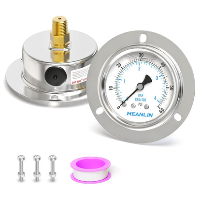 MEANLIN MEASURE 0~60Psi Liquid Filled Pressure Gauge Front Flange Panel Mount, 1/4" NPT 2.5" FACE DIAL Stainless Steel Case with Phillips Screw and Nut, +/-3-2-3%