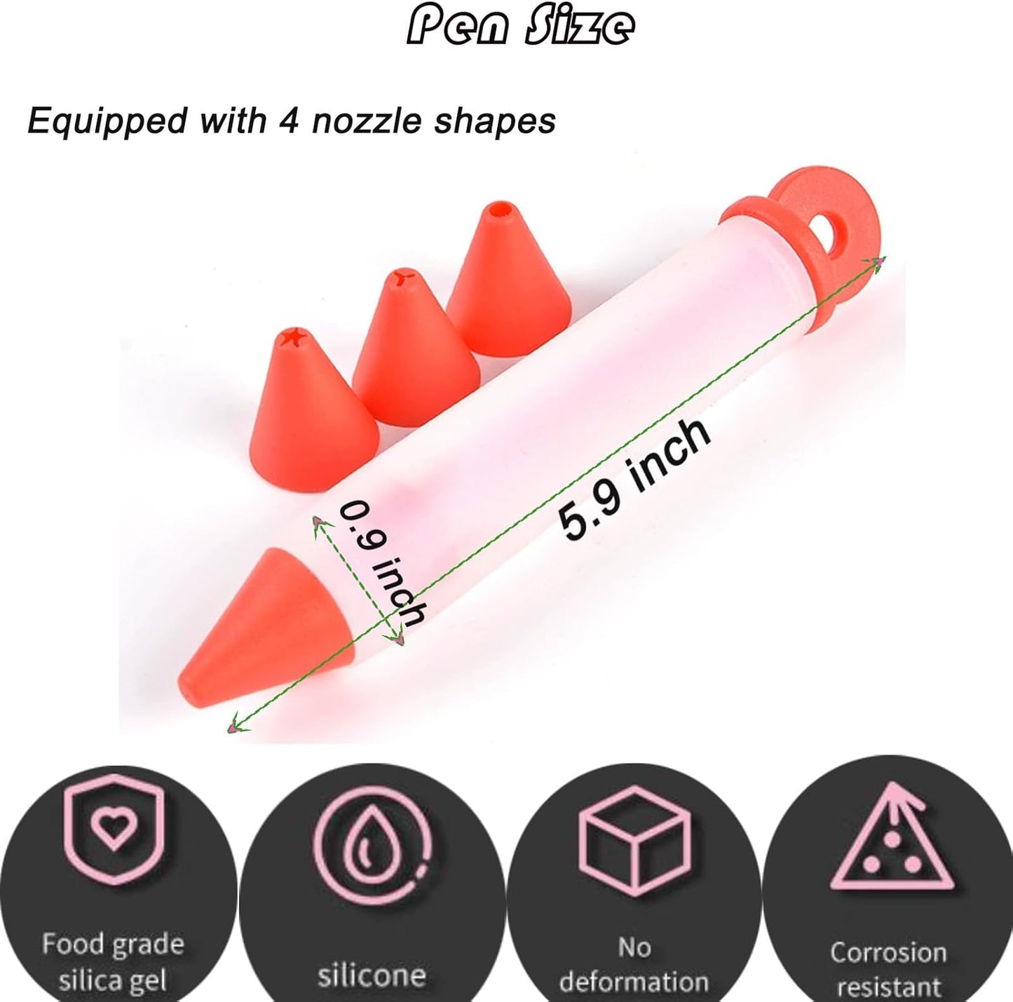 Cake Decorating Pen Dessert Decorating Tool, Silicone Food Syringe Cylinder with 4 Heads Cookie Icing Piping Nozzles Used for Chocolate Jam, Lettering, Drawing, Cream (Green)