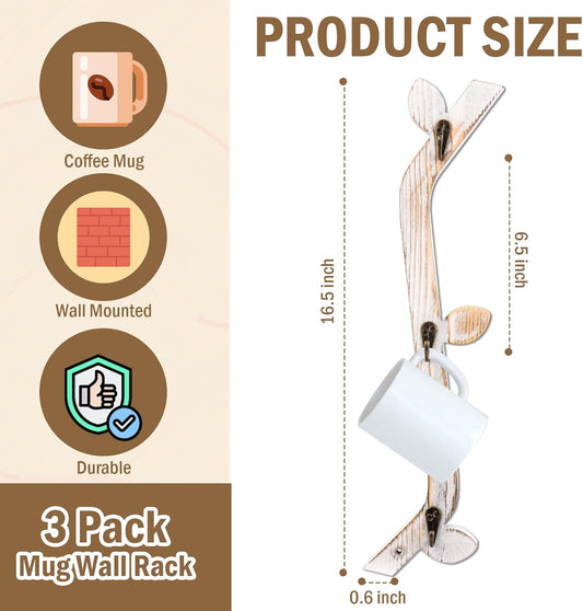3 Pack Wood Coffee Mug Wall Rack with 9 Hooks Wall Mount Coffee Cup Holder White Espresso Cup Display Stand Tea Cup Hanger Display Wall for Kitchen Cafe Bar