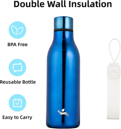 Insulated Water Bottle with Strap,18 oz Double Wall Stainless Steel Vacuum Bottles Metal Water Flask,Shining Blue