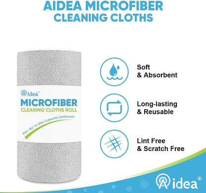 AIDEA Microfiber Cleaning Cloth Roll, Shop Towels 55 Sheets, Grey Microfiber Towels for Cars, Washable Shop Rags Reusable Paper Towel for Automotive, Workshop, House, Kitchen, Cleaning Supplies11×9"