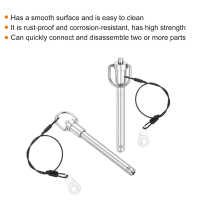 uxcell 1 Pcs Quick Release Pin, 3/8" x 3"(Dia. x L) Push-Button Ball Locking Pin 304 Stainless Steel Ring Handle Locking Pin with Wire for Audio Bimini Top Marine, Silver