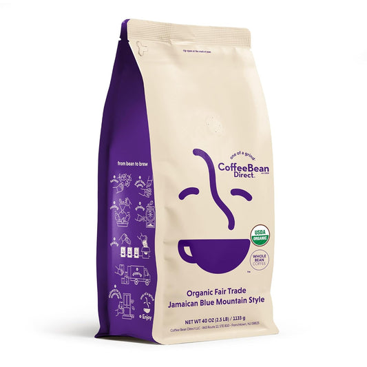 Coffee Bean Direct Organic Fair Trade Jamaican Blue Mountain Style, Whole Bean Coffee, Light Roast, 2.5 Pound Bag (Pack of 1)