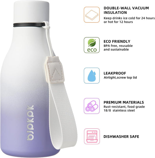 BJPKPK Insulated Water Bottles, 12oz Stainless Steel Metal Water Bottle with Strap, BPA Free Leak Proof Thermos, Mugs, Flasks, Reusable Water Bottle for Sports & Travel, Lilac Elegance