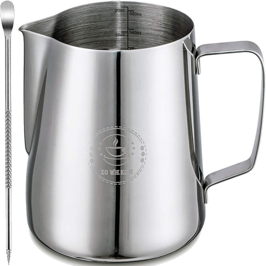 Milk Frothing Pitcher 20oz,Espresso Steaming Pitchers 600ml,Espresso Machine Accessories,Milk Frother cup 20 Oz, Coffee Cappuccino Latte Art,Stainless Steel Jug Cup with Decorating Art Pen