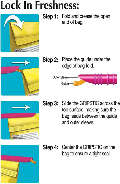GRIPSTIC Bag Sealer - Reusable Chip Bag Clips. Patented. Airtight & Waterproof Seal on Food Storage Bags, Kids Snacks & More. Near Zero Waste. 12ct Large