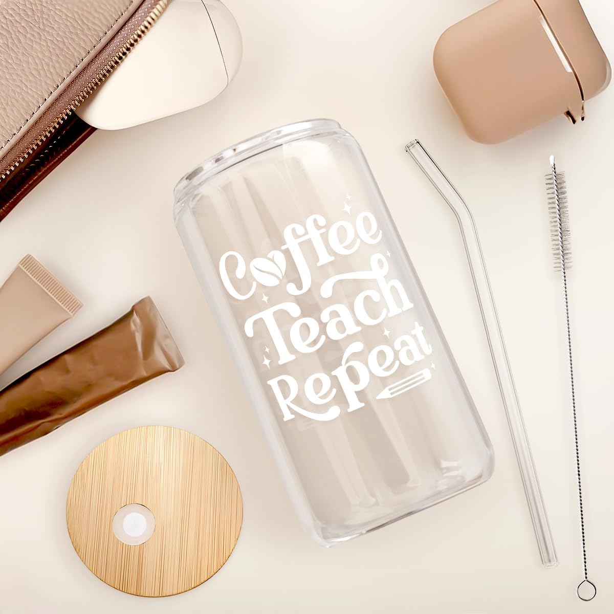 SANDJEST Teacher Glass Can, Coffee Teach Repeat Cup, Coffee Aesthetic Cups, Gift for Christmas Thanksgiving Birthday Teacher Appreciation, Gifts for Women, 16oz