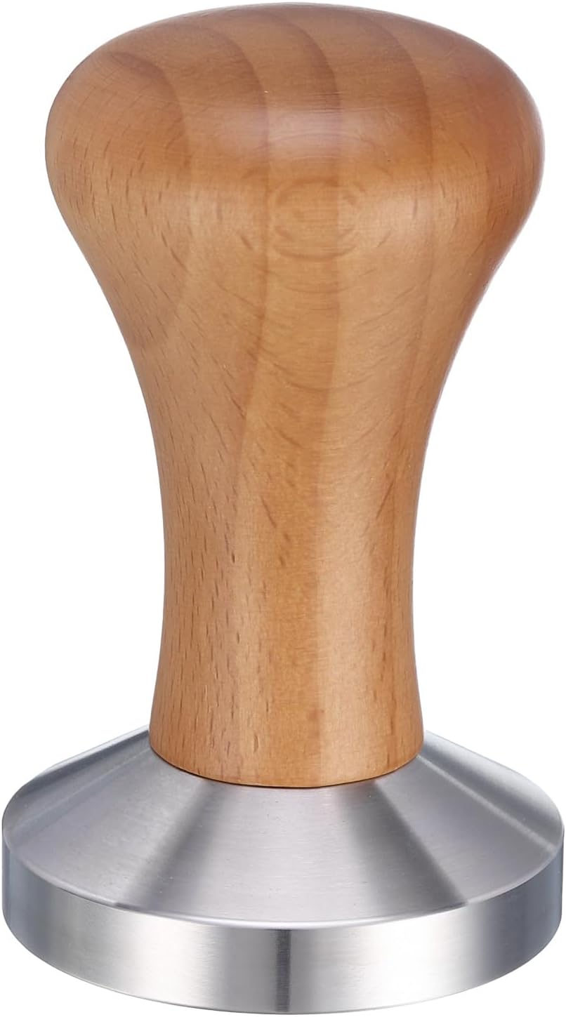 uxcell 53mm Espresso Tamper, Stainless Steel Press Tool Tamper with Wooden Handle, Espresso Accessories for Baristas, Home, Shops, Cafe (Flat Base, Deep Wooden)