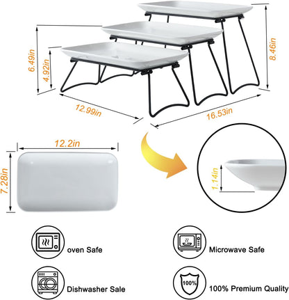 HAPPY KIT 3 Tier Serving Tray Set and Tiered Tray Stand,12 Inch Widened Porcelain Platters with Freely Combinable Rack,Decor Cupcake Stand for Christmas Party Display,Dessert Trays Collapsible