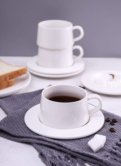 Kanwone Porcelain Stackable Cappuccino Cups with Saucers - 8 Ounce for Specialty Coffee Drinks, Cappuccino, Latte, Americano and Tea - Set of 4, White