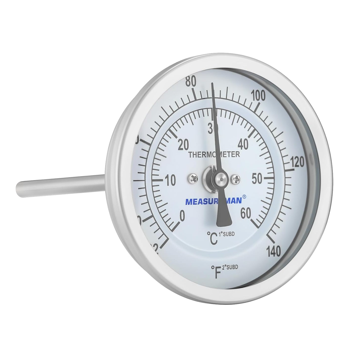 MEASUREMAN Homebrew Bi-Metal Thermometer, 3" Dial, 6" Lead-Free Brass Stem, Range 32-140 deg F/0-60 deg C, 2% Accuracy, Adjustable, 1/2" NPT Back Mount