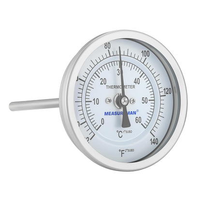 MEASUREMAN Homebrew Bi-Metal Thermometer, 3" Dial, 6" Lead-Free Brass Stem, Range 32-140 deg F/0-60 deg C, 2% Accuracy, Adjustable, 1/2" NPT Back Mount
