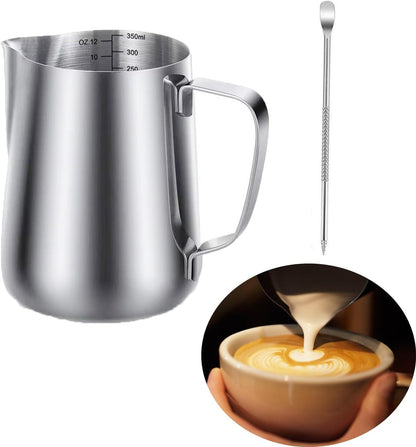 Milk Frothing Pitcher with BONUS Latte Art Pen, 12oz Milk Frother Cup with Clear Scale 304 Stainless Steel Cappuccino Espresso Machine Accessories for Barista Coffee Bar.