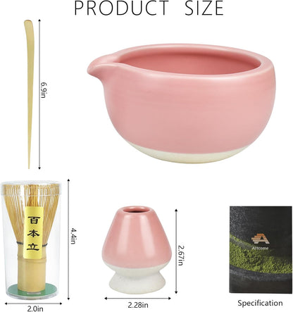 Artcome Complete Matcha Tea Ceremony Kit - Bowl, Whisk, Whisk Holder, Tea Scoop - For Usucha, Koicha, Matcha Latte (Pink)