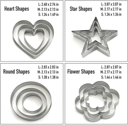 Stainless Steel Cookie Cutters Set 12Pcs - Heart, Flower, Round, Five Star Shapes - Small to Mini Size, Metal Biscuit Cutter Molds for Baking or Holiday Party Decorations
