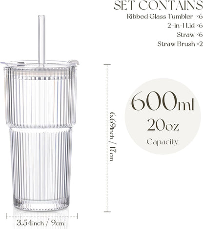 KEMORELA 6-Pack Ribbed Glass Tumblers with Lids & Straws – Vintage Style Iced Coffee Cups, Durable Smoothie & Cocktail Drinking Glasses, Reusable Clear Glassware for Home, Cafe, Office (6)