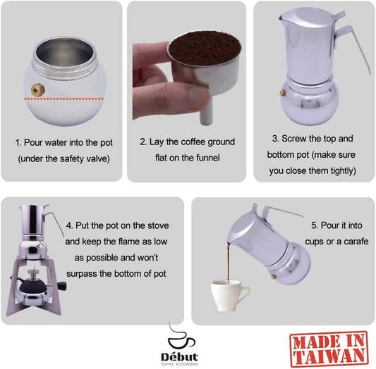 DÉBUT Stainless Steel Italian Espresso Coffee Maker Stovetop Moka Pot Greca Coffee Maker Latte Cappuccino Percolator, 8 Espresso Cup - 16.9 Oz