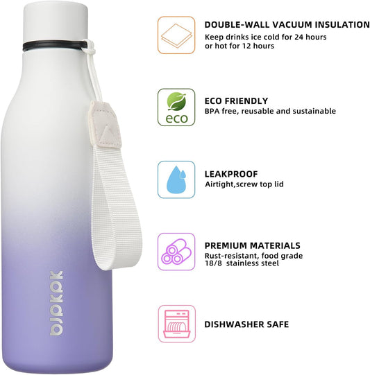 BJPKPK Insulated Water Bottles, 18 oz Stainless Steel Metal Water Bottle with Strap, BPA Free Leak Proof Thermos, Mugs, Flasks, Reusable Water Bottle for Sports & Travel, Lilac Elegance (Pack of 2)