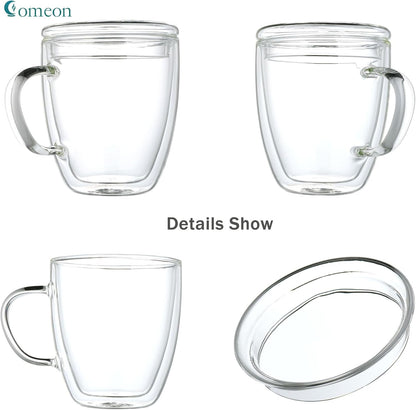 Insulated Espresso Cups - 16 oz Double Wall Glass Mugs With Handle and Lid - Cold & Heat Resistant - Perfect for Coffee, Tea, Milk, Wine