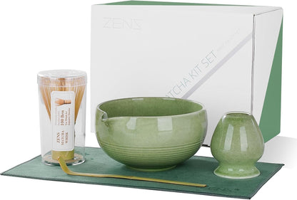ZENS Matcha Whisk Set, 15oz Ceramic Matcha Bowl with Spout and Bamboo Whisk, (Chasen Holder) Scoop & Tea Towel, 5pcs Matcha Kit for Matcha Lovers, Emerald Green