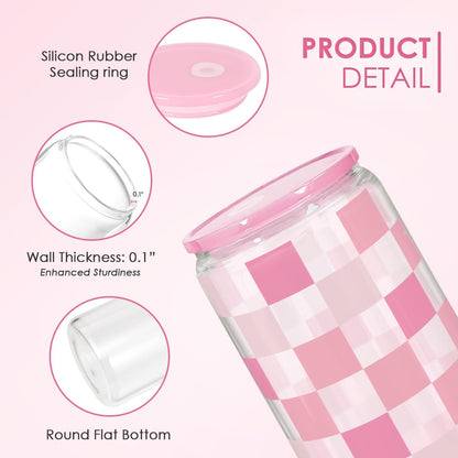 Checker 16 Oz Can Glass Tumbler with Acrylic Lid and Straw - Iced Coffee Cups for Women, Aesthetic Glass Cup Gift for Birthday Christmas