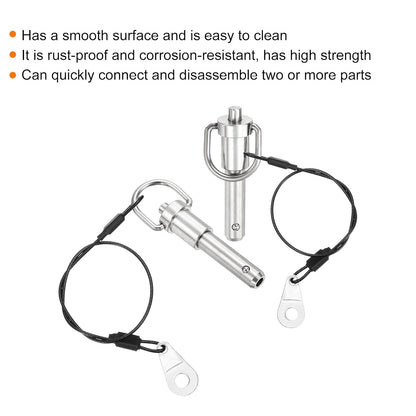 uxcell 1 Pcs Quick Release Pin, 3/8" x 1"(Dia. x L) Push-Button Ball Locking Pin 304 Stainless Steel Ring Handle Locking Pin with Wire for Audio Bimini Top Marine, Silver