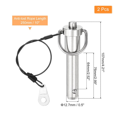 uxcell 2 Pcs Quick Release Pin, 1/2" x 2.52"(Dia. x L) Push-Button Ball Locking Pin 304 Stainless Steel Ring Handle Locking Pin with Wire for Audio Bimini Top Marine, Silver