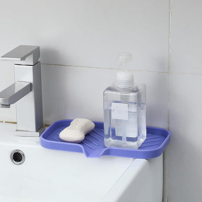 Silicone Bathroom Soap Dishes with Drain Spout-Bathroom and Kitchen Sink Organizer,Sponge Holder,Dish Soap Tray,Perfect for Dispenser,Scrubber,Bottle on Sink or Counter-Light Purple 9.6"×5.3"
