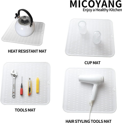 Silicone Dish Drying Mat for Multiple Usage,Easy clean,Eco-friendly,Heat-resistant Silicone Mat for Kitchen Counter or Sink,Refrigerator or Drawer Liner White XL 18 inches x 16 inches