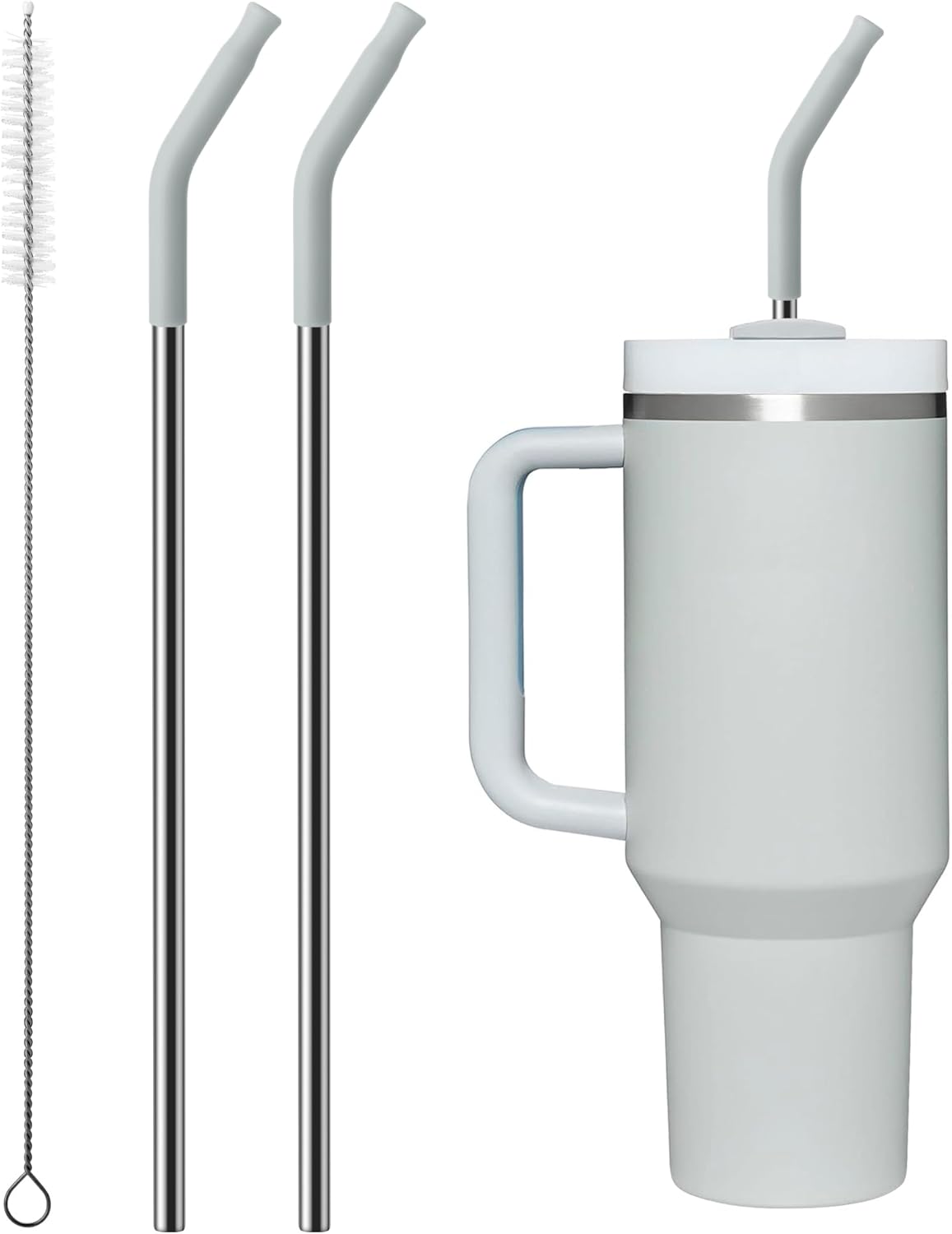 Metal Straw with Silicone Tip for 30oz Stanley Cup, 2 Pcs Stainless Steel Straws Replacement for Stanley 30 oz Adventure Quencher Travel Tumbler Cup, 1 Straw Brush (Light Gray)