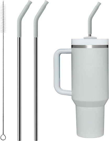 Metal Straw with Silicone Tip for 40oz Stanley Cup, 2 Pcs Stainless Steel Straws Replacement for Stanley 40 oz Adventure Quencher Travel Tumbler Cup, 1 Straw Brush (Light Gray)